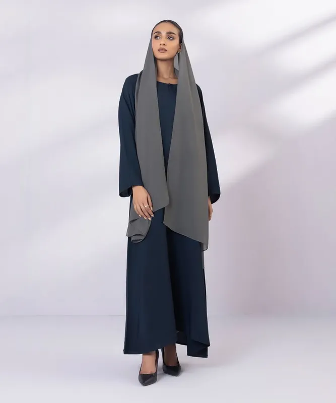 Navy full-length abaya with round neckline and full sleeves – view 1 – Poshaq