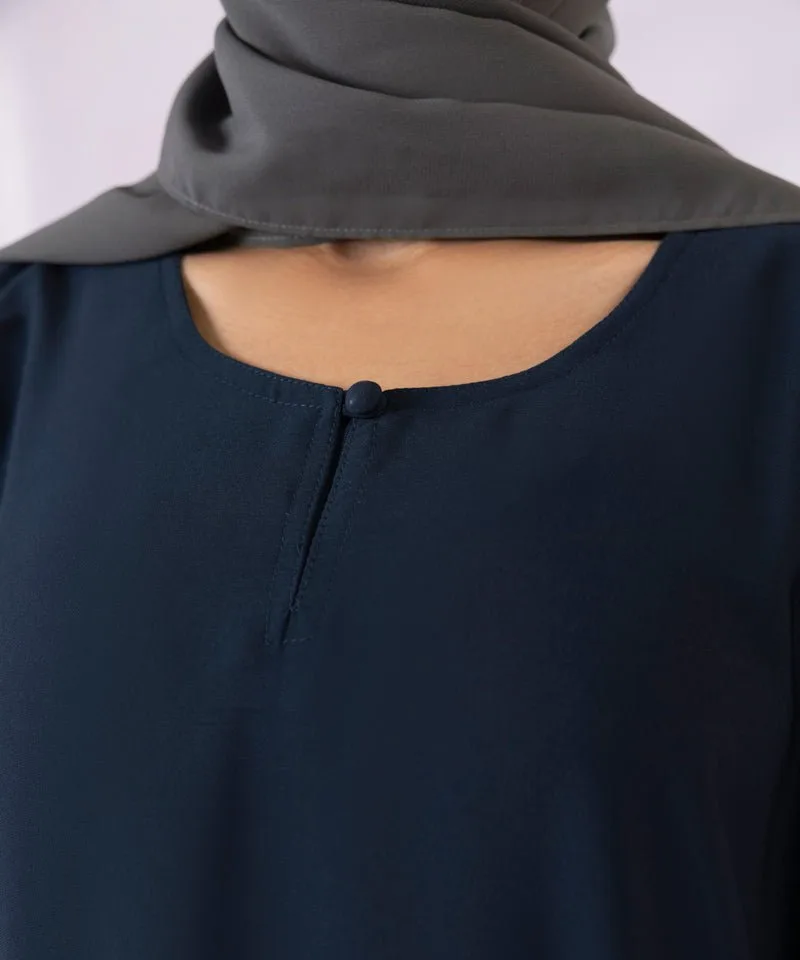 Navy full-length abaya with round neckline and full sleeves – view 3 – Poshaq