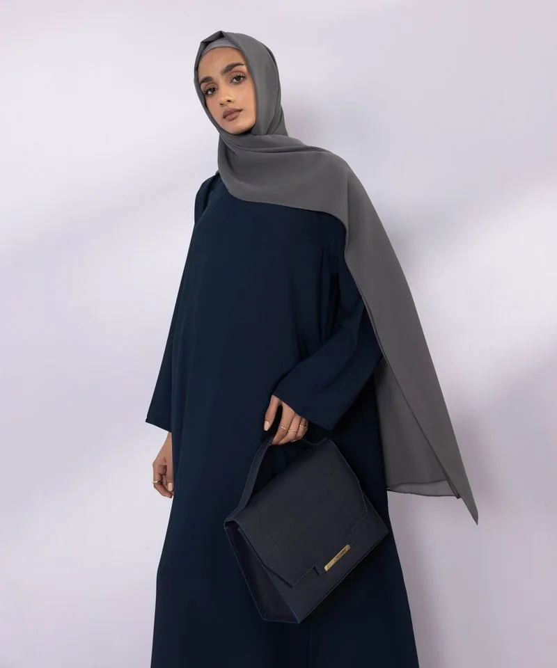 Navy full-length abaya with round neckline and full sleeves – view 4 – Poshaq