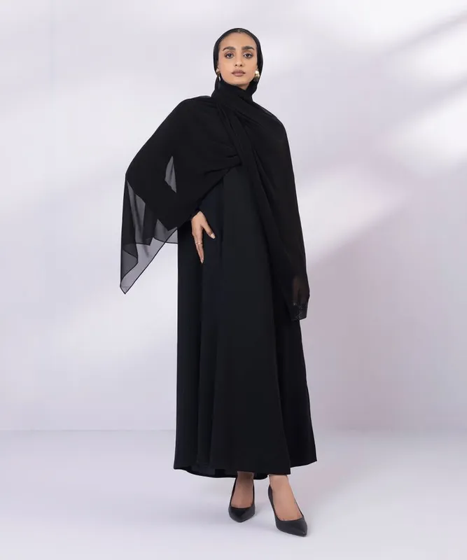 Black full-length abaya with full sleeves and round neckline – view 1 – Poshaq