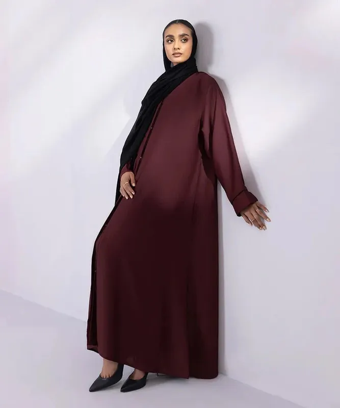 Soft drapey full length abaya with V-neck and button front – view 1 – Poshaq