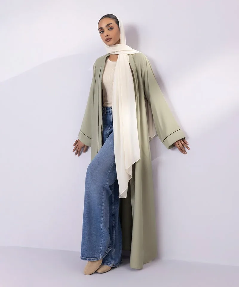 Cream full-length abaya with V neckline and contrast piping – view 1 – Poshaq