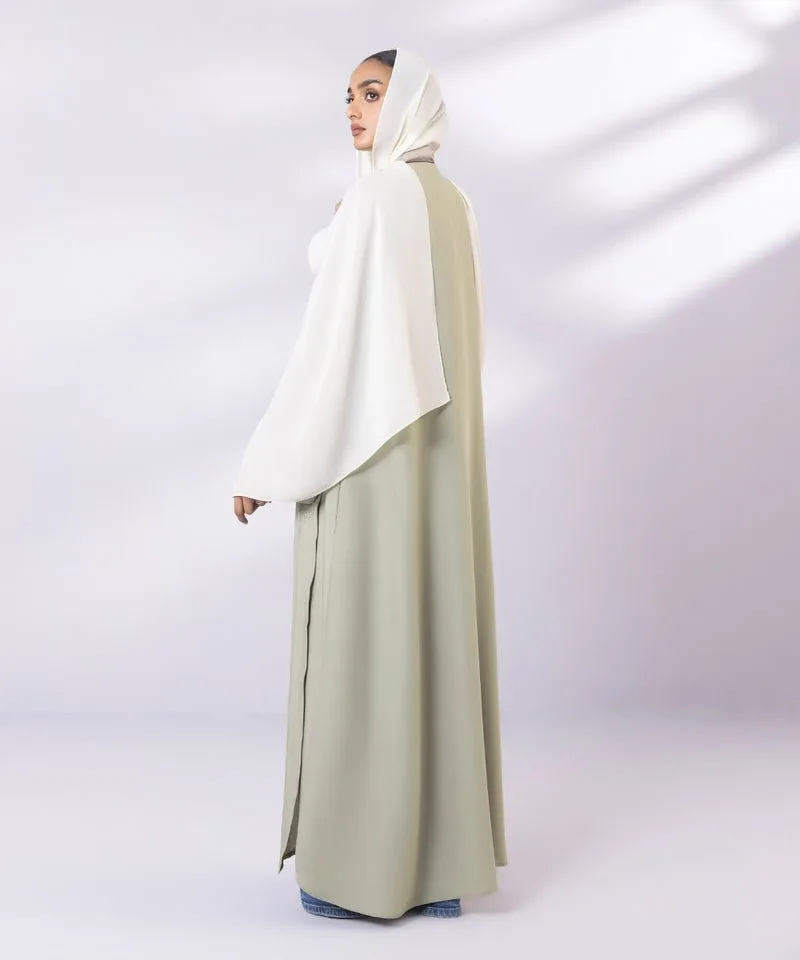 Cream full-length abaya with V neckline and contrast piping – view 2 – Poshaq