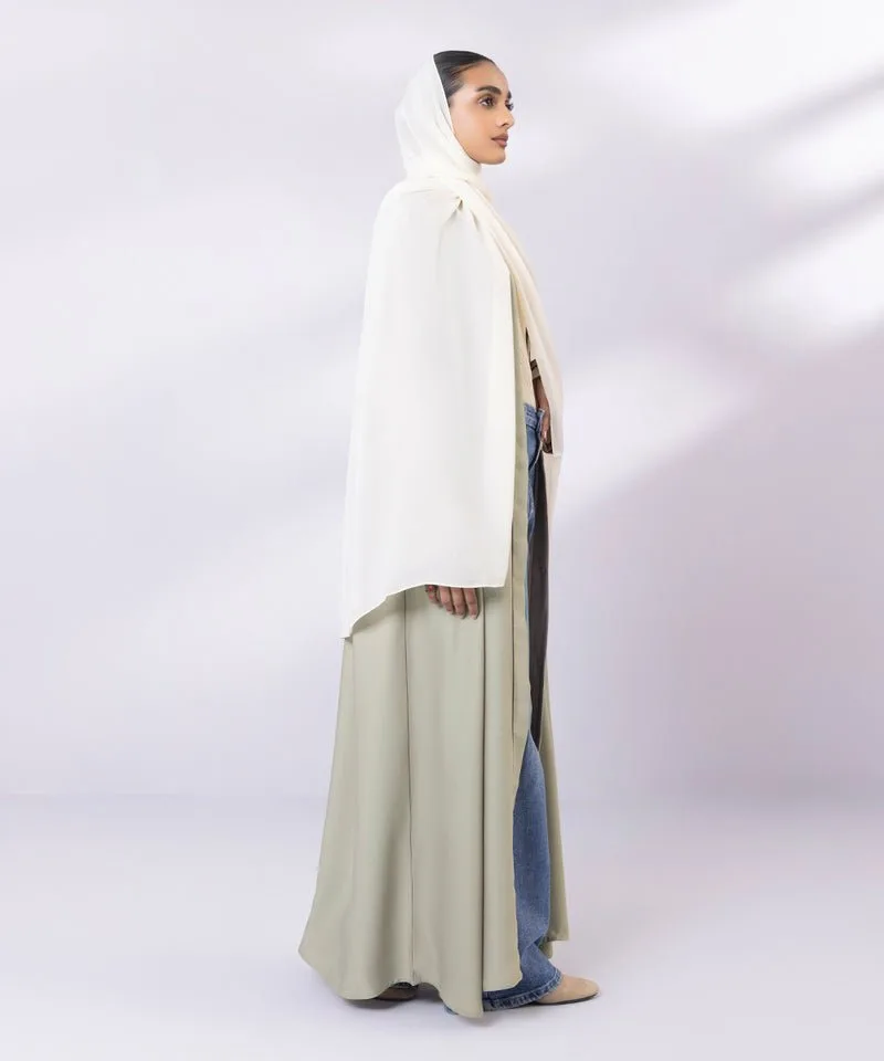Cream full-length abaya with V neckline and contrast piping – view 4 – Poshaq