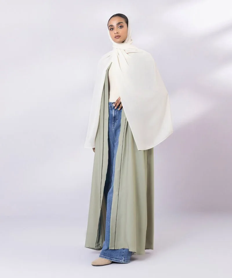 Cream full-length abaya with V neckline and contrast piping – view 5 – Poshaq
