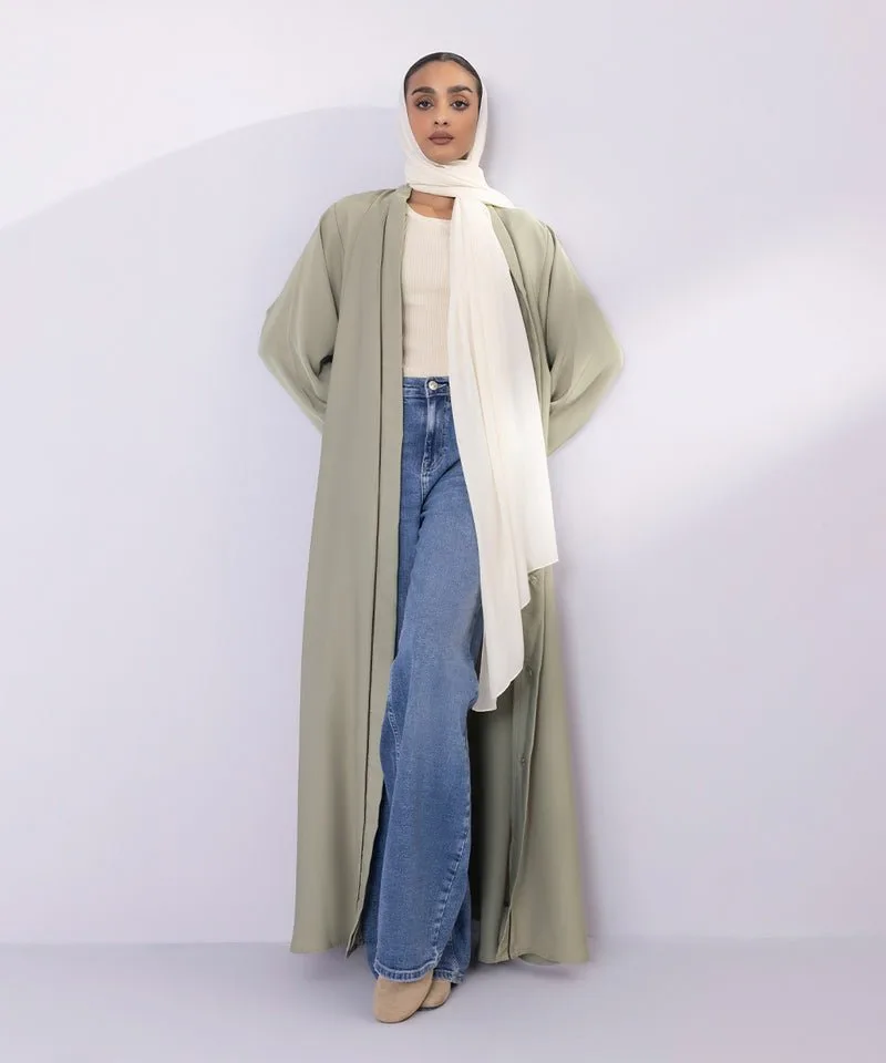 Cream full-length abaya with V neckline and contrast piping – view 6 – Poshaq