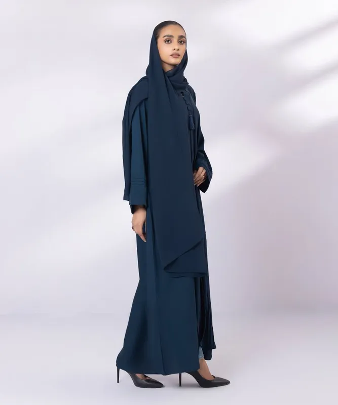 Blue full length abaya with V-neck and pleated sleeves – view 1 – Poshaq