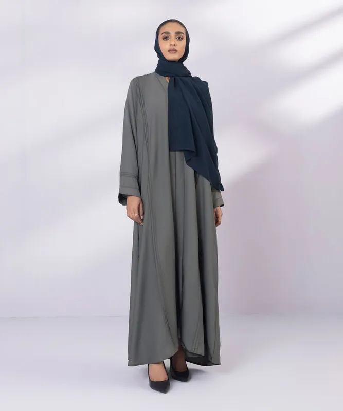 Grey full length abaya with V neck tassel detail – view 1 – Poshaq