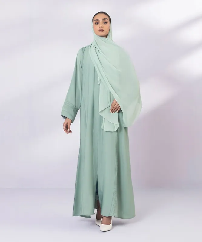 Green full length abaya with V-neck and tassel – view 1 – Poshaq