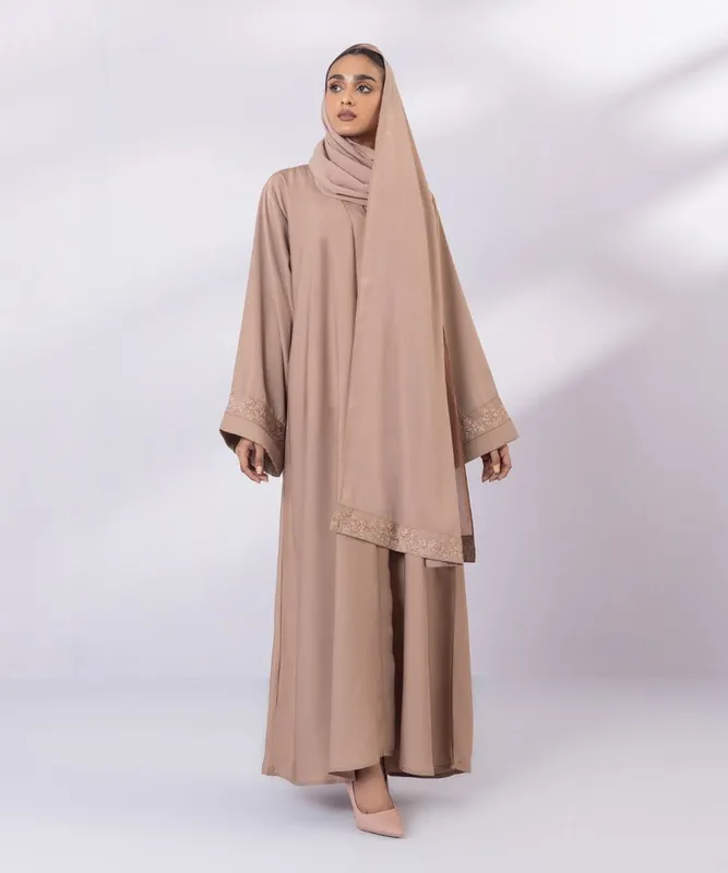 Beige full length abaya with embroidered sleeves – view 1 – Poshaq
