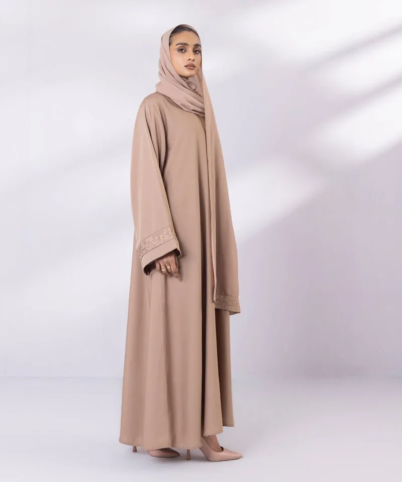 Beige full length abaya with embroidered sleeves – view 2 – Poshaq