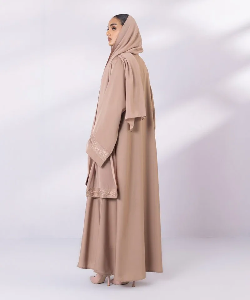 Beige full length abaya with embroidered sleeves – view 5 – Poshaq