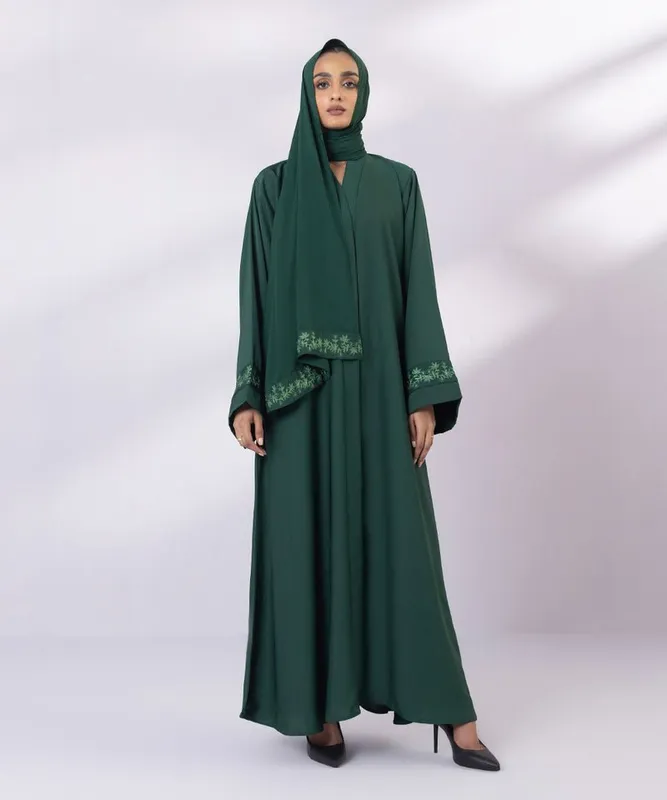 Emerald green full length abaya with V-neckline and sleeve detail – view 1 – Poshaq