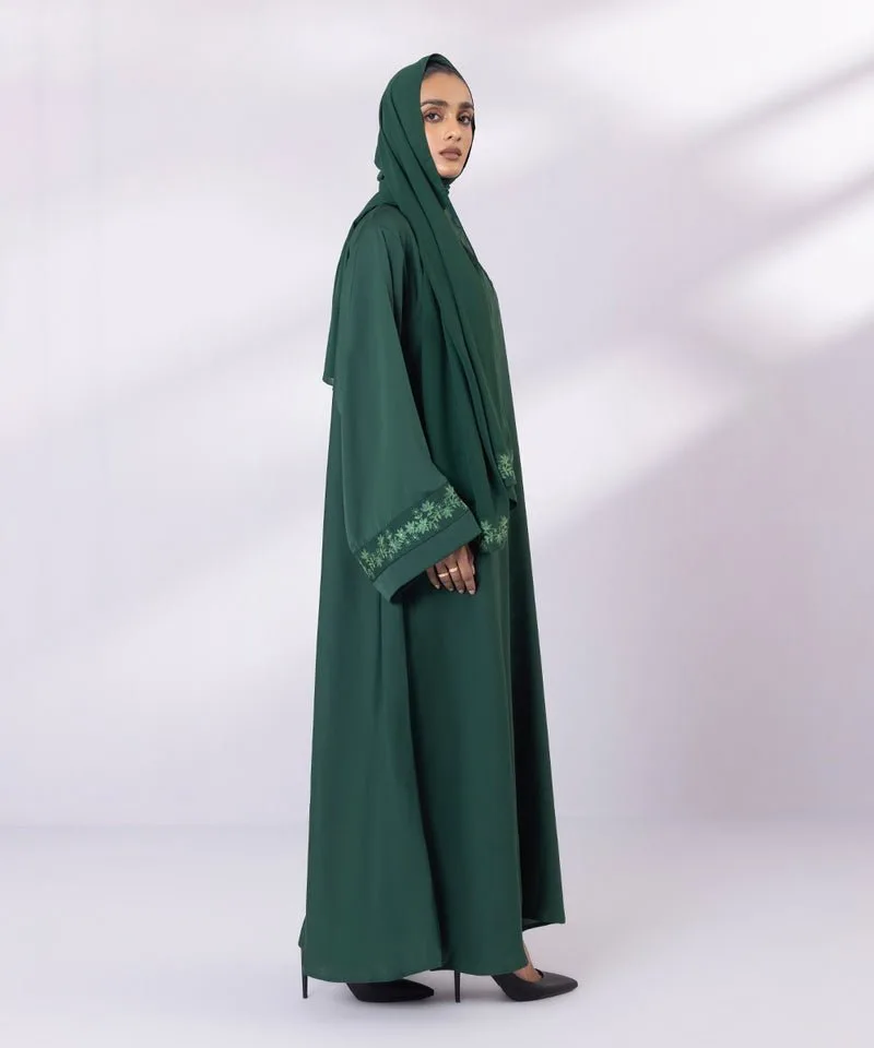 Emerald green full length abaya with V-neckline and sleeve detail – view 2 – Poshaq