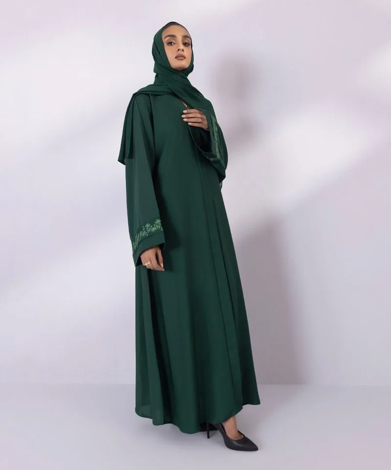 Emerald green full length abaya with V-neckline and sleeve detail – view 4 – Poshaq