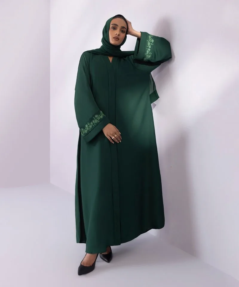 Emerald green full length abaya with V-neckline and sleeve detail – view 6 – Poshaq