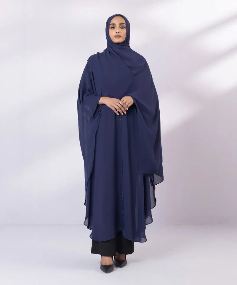 Blue chiffon abaya with V‑neck and diamond trim – view 1 – Poshaq