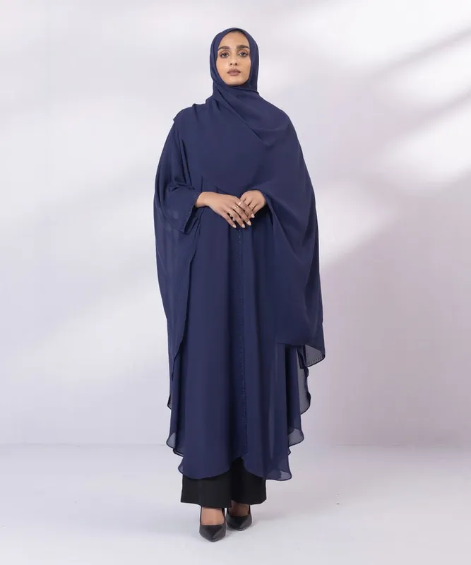 Blue chiffon abaya with V‑neck and diamond trim – view 1 – Poshaq