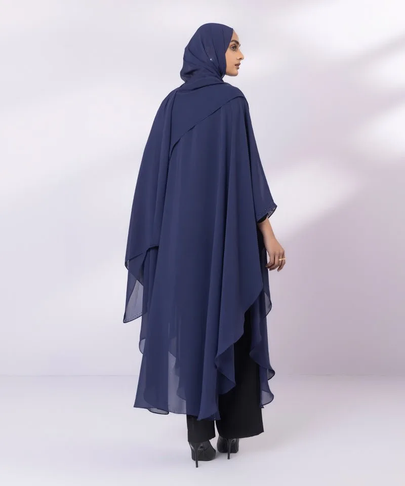 Blue chiffon abaya with V‑neck and diamond trim – view 2 – Poshaq