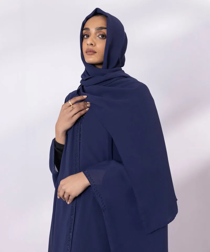 Blue chiffon abaya with V‑neck and diamond trim – view 3 – Poshaq