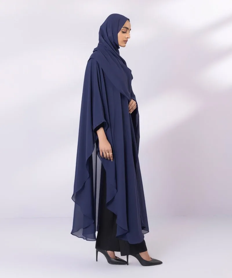 Blue chiffon abaya with V‑neck and diamond trim – view 4 – Poshaq