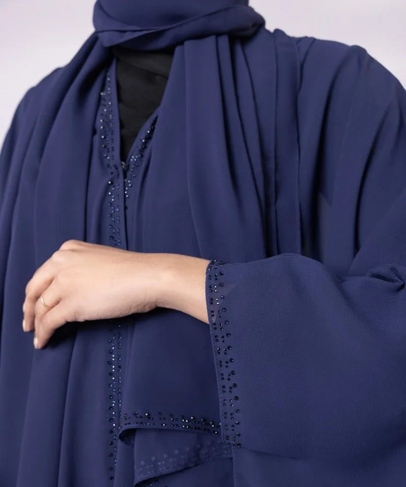 Blue chiffon abaya with V‑neck and diamond trim – view 5 – Poshaq
