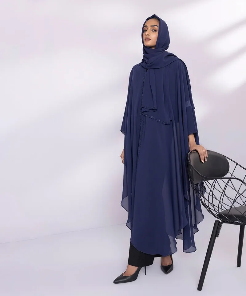 Blue chiffon abaya with V‑neck and diamond trim – view 6 – Poshaq