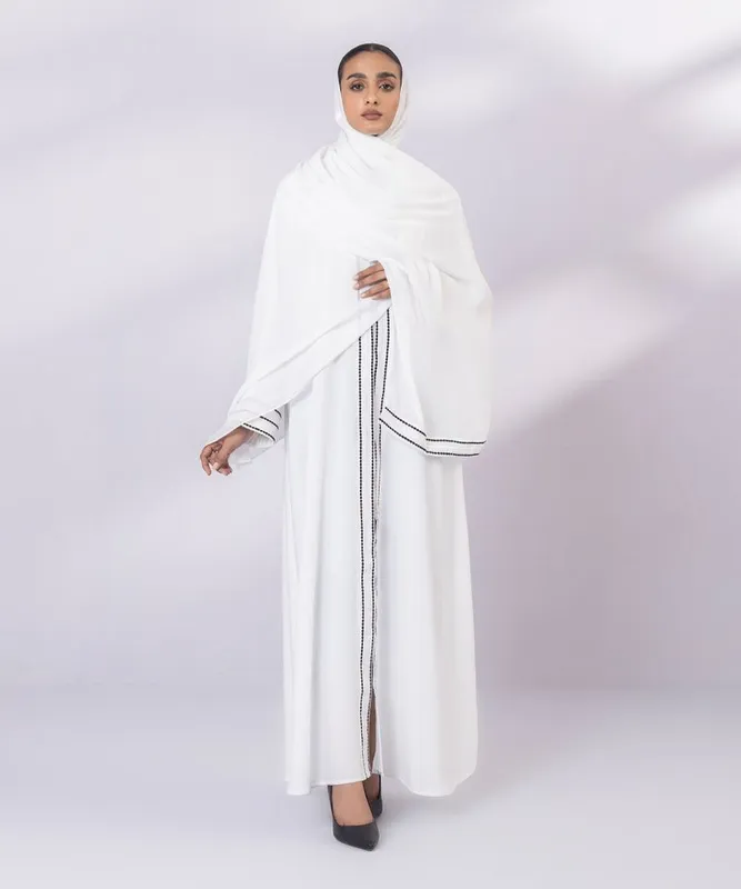 White full-length abaya with embroidered sleeves and matching hijab – view 1 – Poshaq
