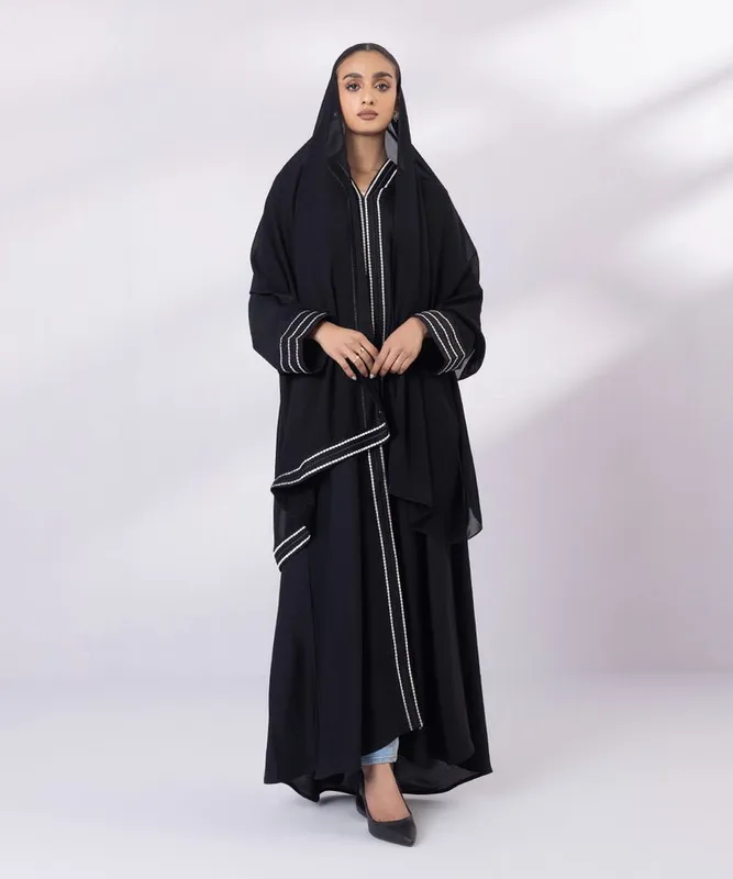 Black abaya with V‑neck and embroidered sleeves – view 1 – Poshaq
