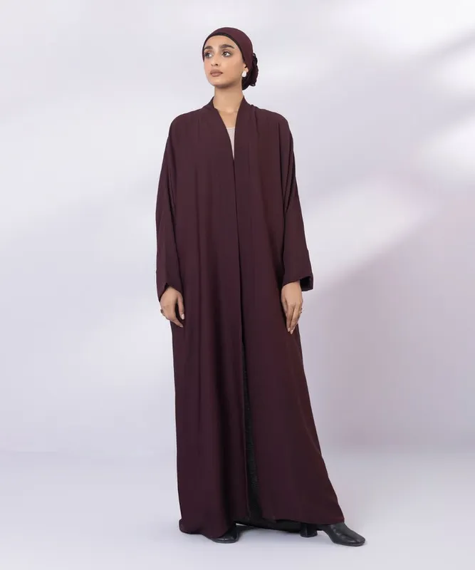 Front open crinkle abaya with kimono sleeves and hijab – view 1 – Poshaq