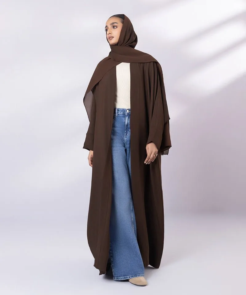 Brown crinkle abbaya with kimono sleeves and hijab – view 1 – Poshaq