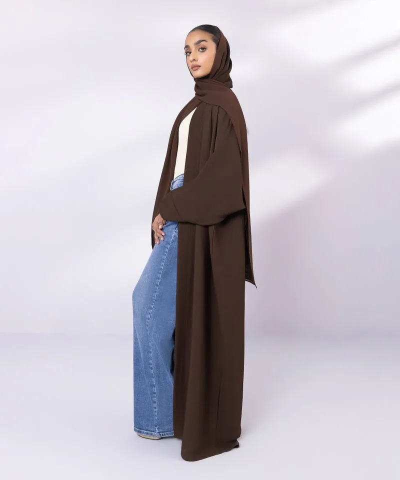 Brown crinkle abbaya with kimono sleeves and hijab – view 2 – Poshaq