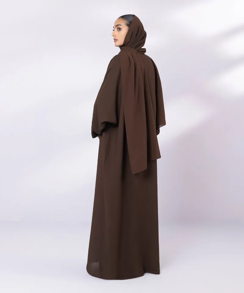 Brown crinkle abbaya with kimono sleeves and hijab – view 3 – Poshaq