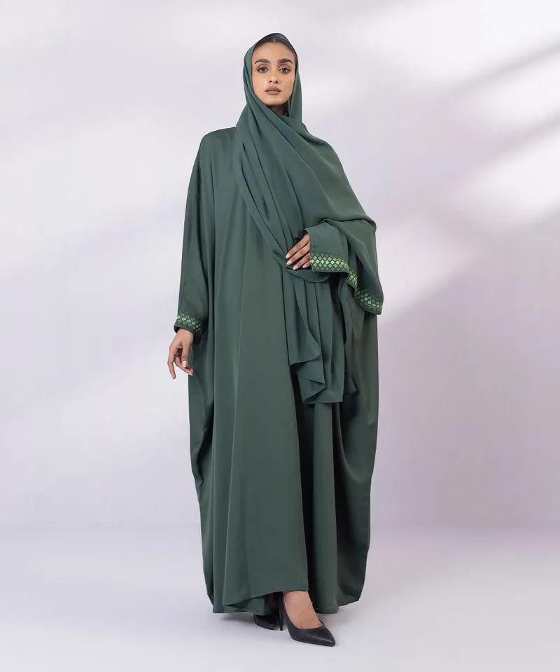 Green Abbaya with embroidered cuffs and matching hijab – view 1 – Poshaq