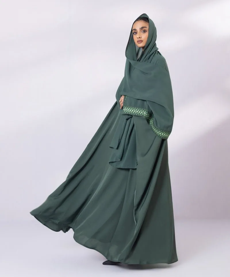 Green Abbaya with embroidered cuffs and matching hijab – view 2 – Poshaq