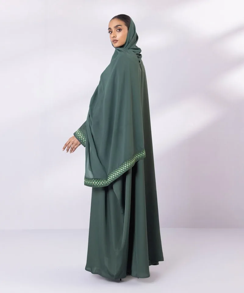Green Abbaya with embroidered cuffs and matching hijab – view 3 – Poshaq