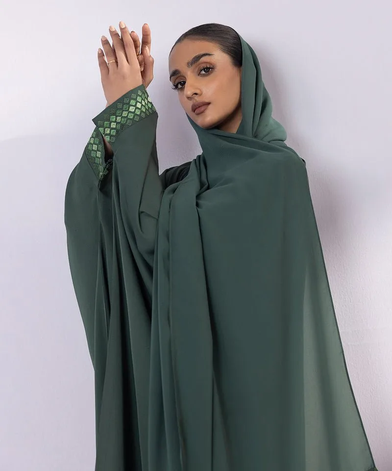 Green Abbaya with embroidered cuffs and matching hijab – view 5 – Poshaq