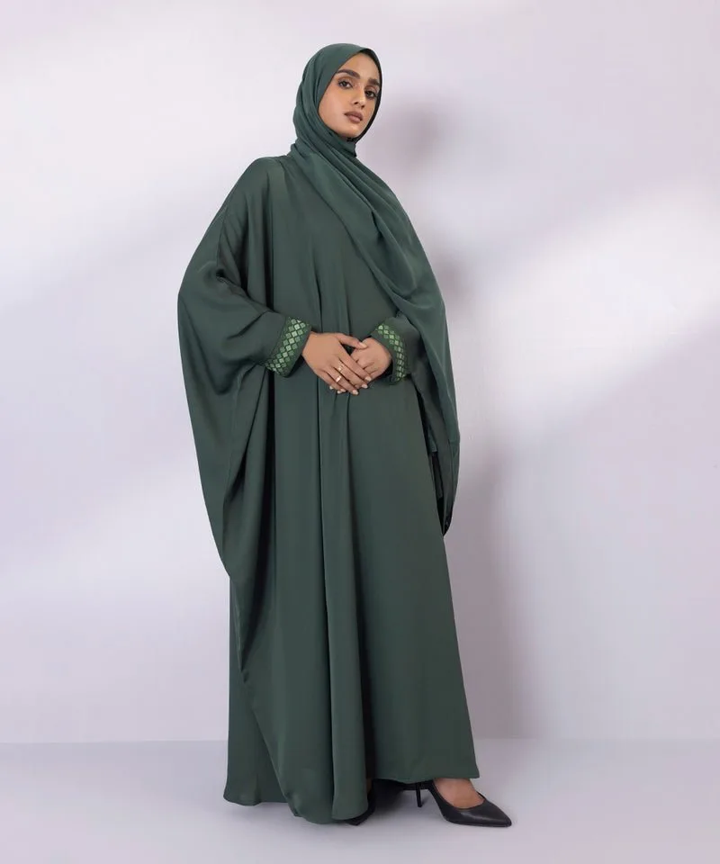 Green Abbaya with embroidered cuffs and matching hijab – view 6 – Poshaq