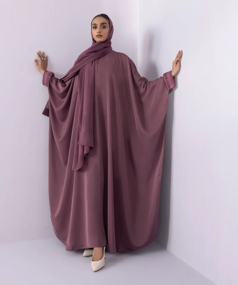 Soft embroidered full length abaya in neutral tone – view 1 – Poshaq