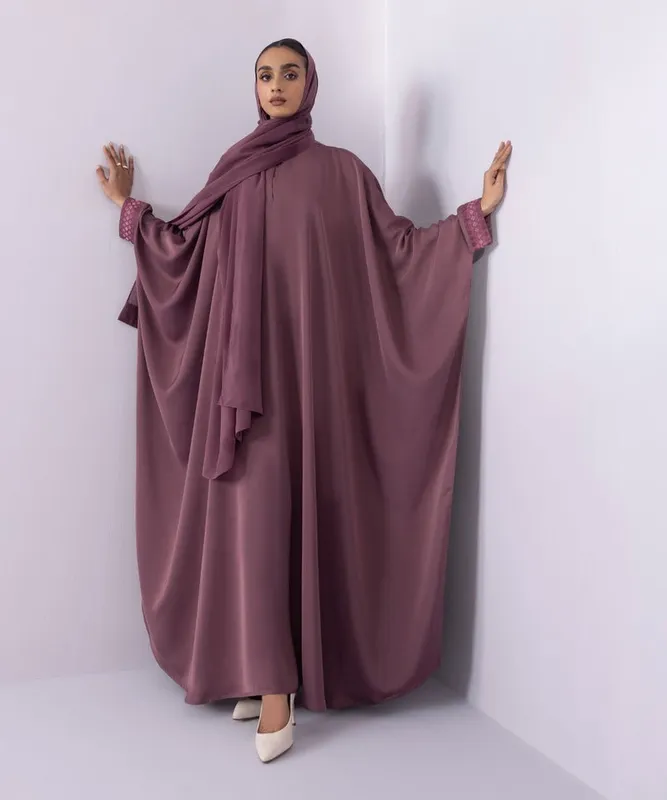 Soft embroidered full length abaya in neutral tone – view 1 – Poshaq