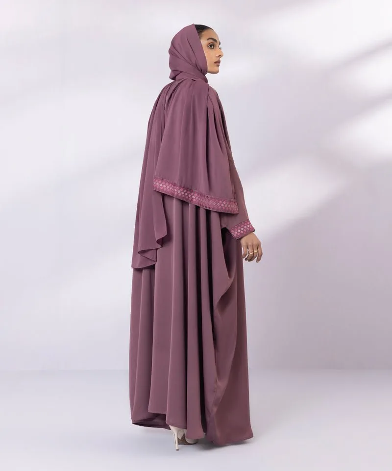 Soft embroidered full length abaya in neutral tone – view 2 – Poshaq