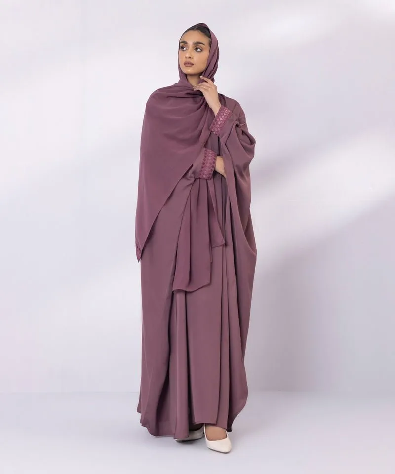 Soft embroidered full length abaya in neutral tone – view 3 – Poshaq
