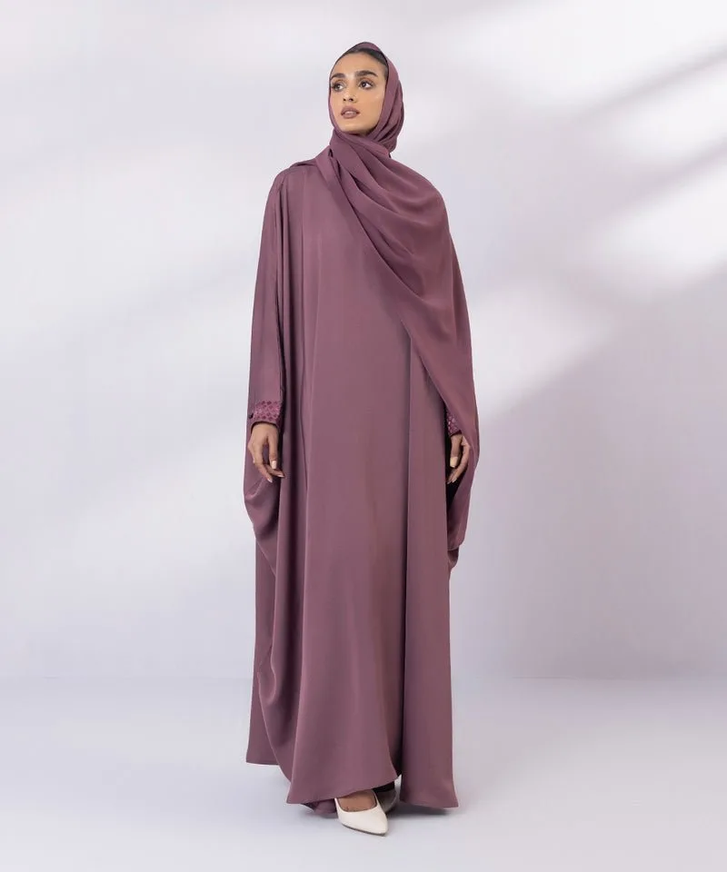 Soft embroidered full length abaya in neutral tone – view 4 – Poshaq