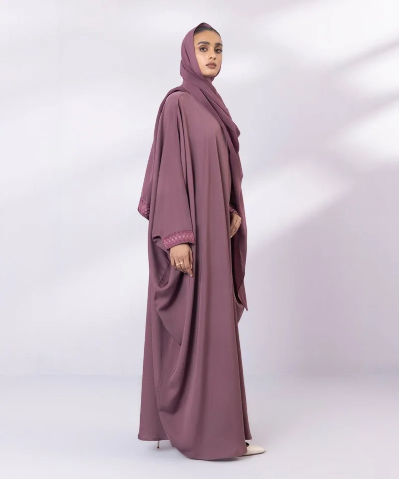 Soft embroidered full length abaya in neutral tone – view 6 – Poshaq