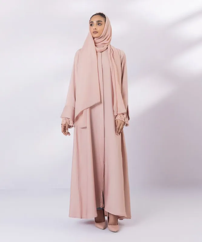 Pink net Abbaya with V-neck and front button – view 1 – Poshaq