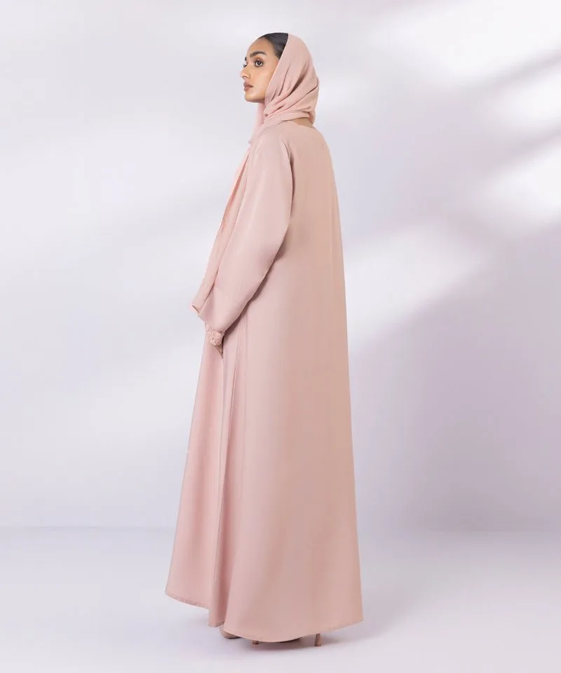 Pink net Abbaya with V-neck and front button – view 2 – Poshaq