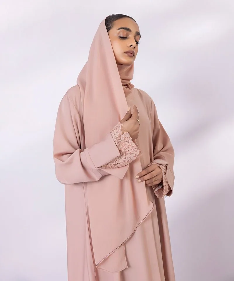 Pink net Abbaya with V-neck and front button – view 4 – Poshaq