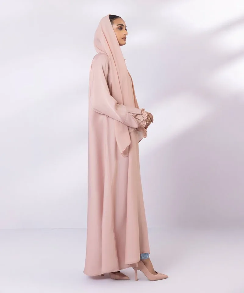 Pink net Abbaya with V-neck and front button – view 5 – Poshaq