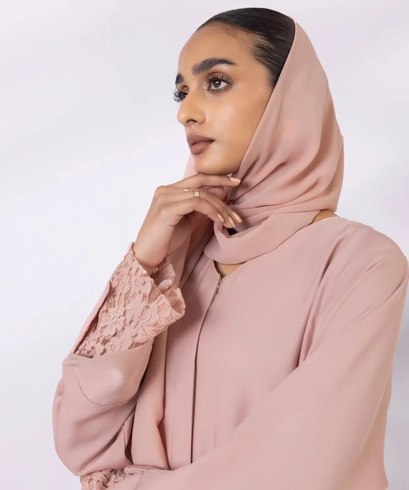Pink net Abbaya with V-neck and front button – view 6 – Poshaq