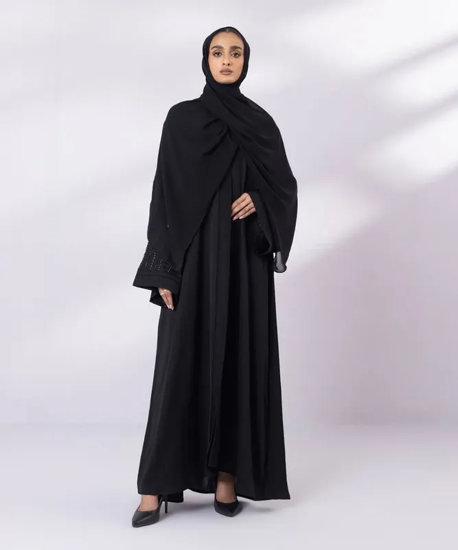 Black full‑length abaya with hand‑embellished sleeves – view 1 – Poshaq